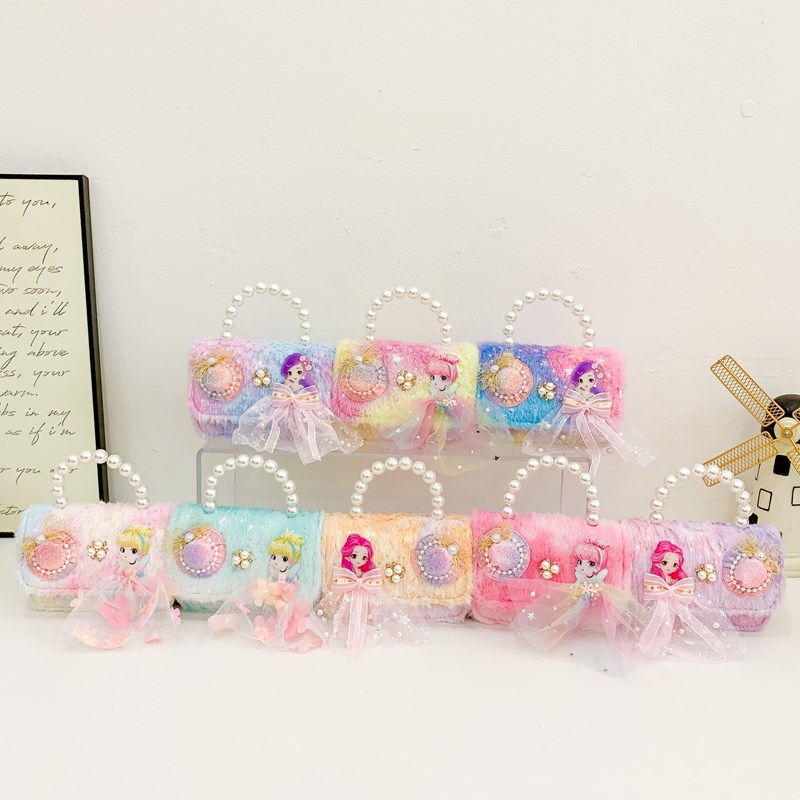 2025 nueva pequeña bolsa de niños de viento de fragancia, mini bolso de perlas, lindos bebés princesas bolso de hombro de peluche