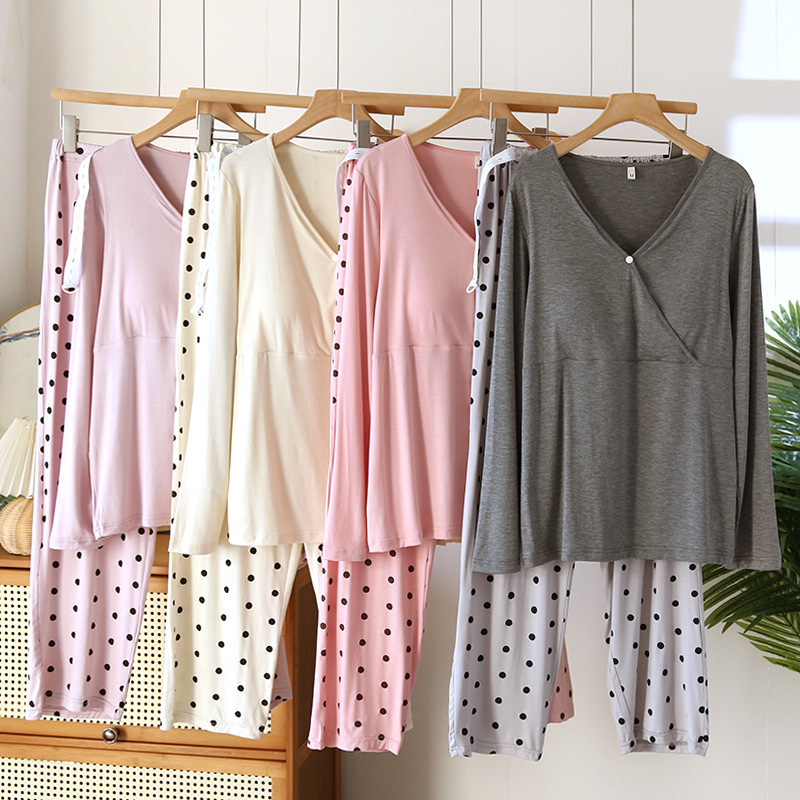 봄, 여름, 가을 느슨한 잠옷 임산부를위한 가슴 패드 긴팔 바지를 가진 모달 산후 수유 세트