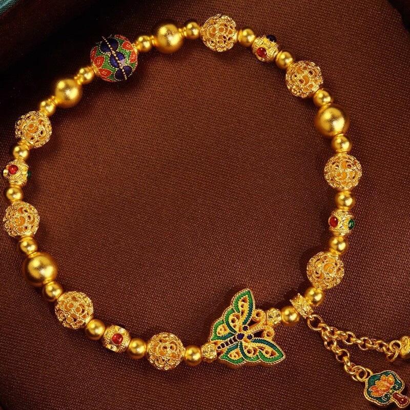 Ancient Gold Color Burnt Blue Enamel Butterfly Bracelet for Women Retro Palace Style Filigree Cut Out Gold Ball Multi-Treasure Bracelet