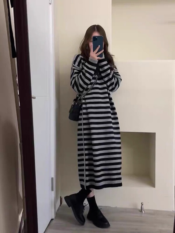 欧洲站秋冬2025新款女装长款过膝宽松条纹毛衣裙子针织连衣裙打底|undefined