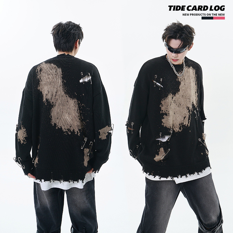 TIDE CARD LOG | Otoño e invierno de la calle de diseño de moda se desvaneció pin ripped pareja cuello redondo suéter Suelto