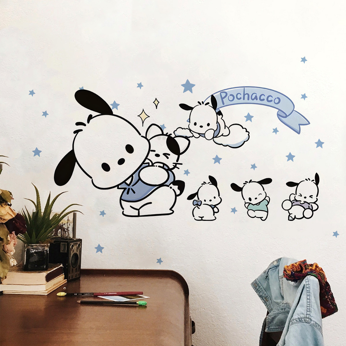Sanrio 벽지 Pacha 개 스티커 홈 어린이 방 미화 장식 벽화 따뜻한 가족 벽 스티커 도매
