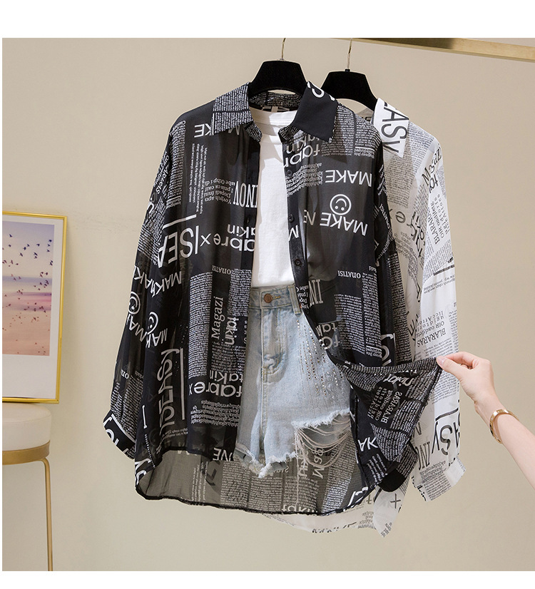 Damenbekleidung, lockeres Hemd, Damen, Sommer 2024, schickes Retro-Langarmshirt mit Zeitungsmotiv, Sonnenschutz, Cardigan für Damen_voghion.com