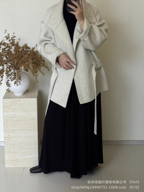 2025秋冬新款双面羊毛羊绒大衣中长款系带气质宽松立领高级女外套|undefined