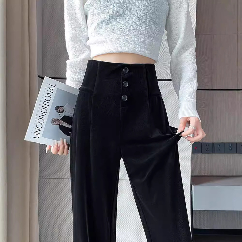 Gold Velvet Wide-Leg Pants for Women, Spring & Fall New High-Waisted Casual Fashionable Women's Pants, Slim Floor-Length Straight Pants