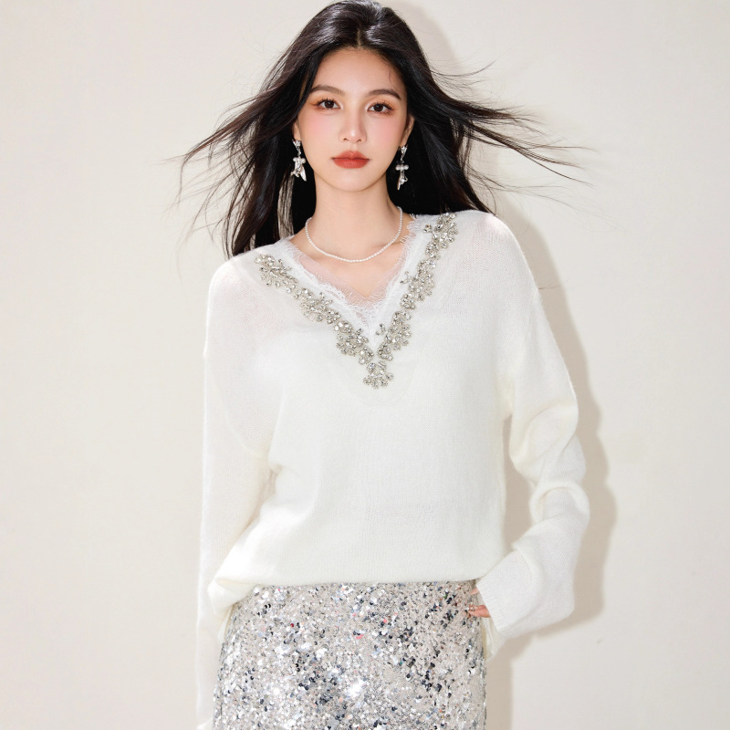 韩系超好看软糯气质白色毛衣女2025秋季款V领蕾丝镶砖长袖针织衫|undefined