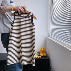 2024 summer new style girls striped mid-length casual dress baby girl summer dress fashionable children's t-shirt dress