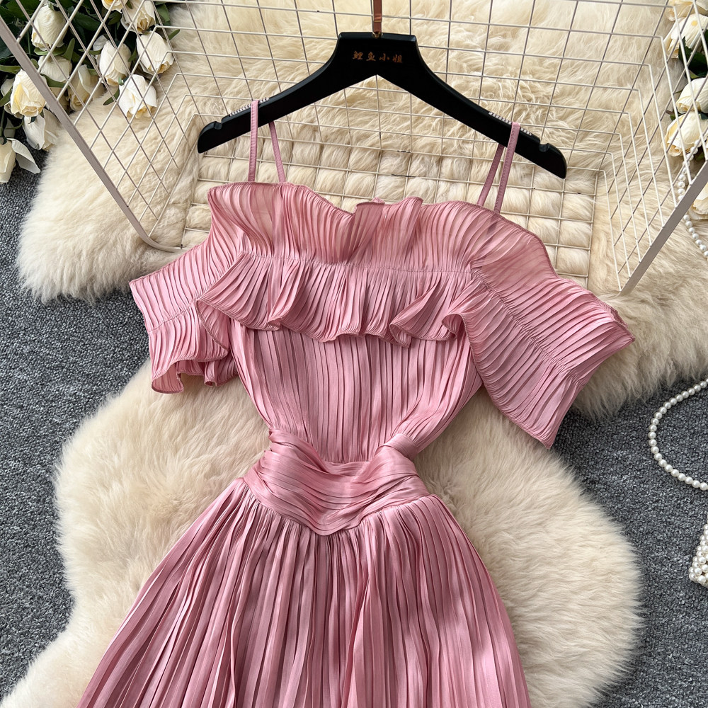 French Style Off-Shoulder Spaghetti Strap Dress Korean Waist Cinching Summer Elegant Long Dress for Vacation_ecoleips.com