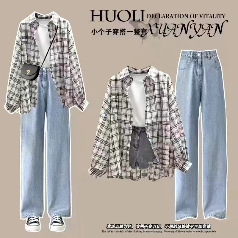 夏の女子学生韓国風ルーズ長袖チェック柄日焼け止め服シャツ+半袖Tシャツ+|undefined