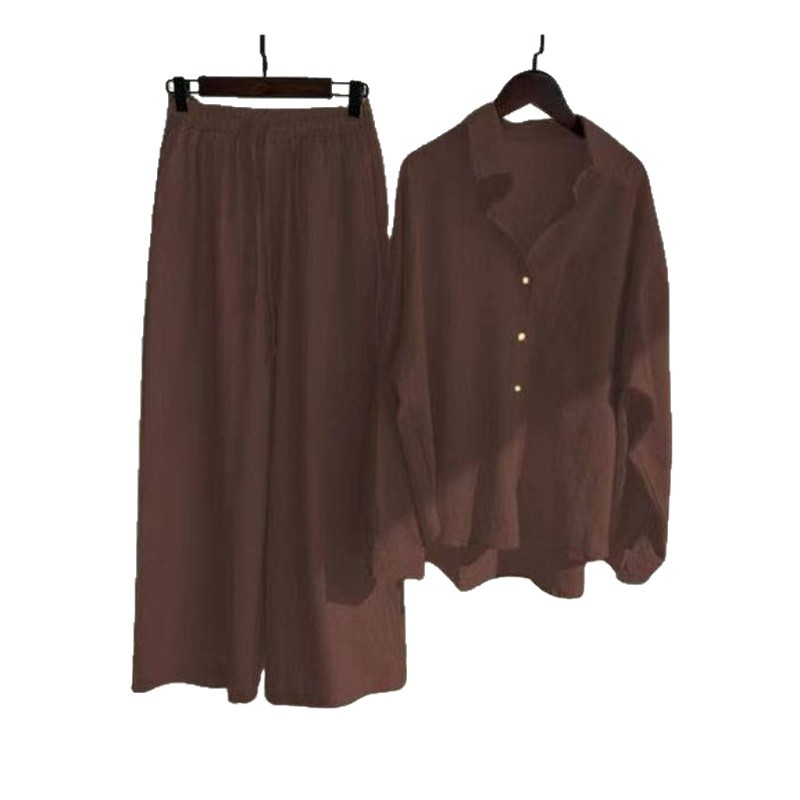 Women's Clothing Women's Retro Plus Size Cotton Linen Shirt Set High Waisted Loose Fitting Trousers Two Piece Set 20 Colors_ecoleips.com