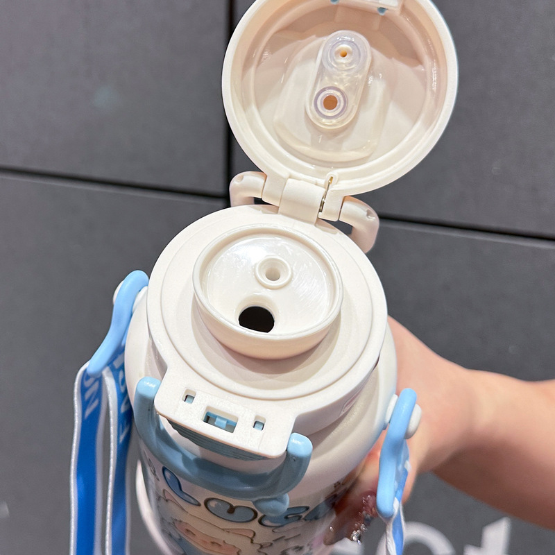 高颜值卡通儿童保温杯316不锈钢吸管杯学生上学斜跨双饮弹跳杯子|undefined