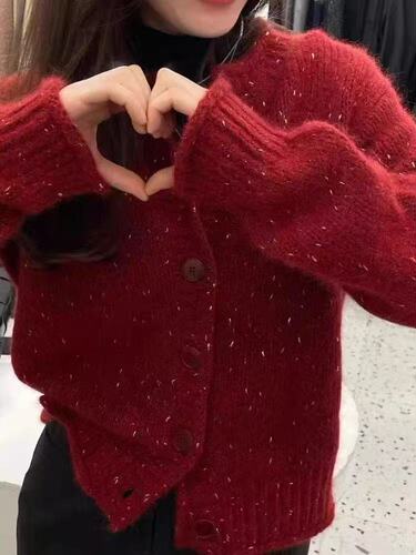 Autumn and winter bright silk Christmas red 100 wool cardigan for women European goods new life sweater thick sweater coat