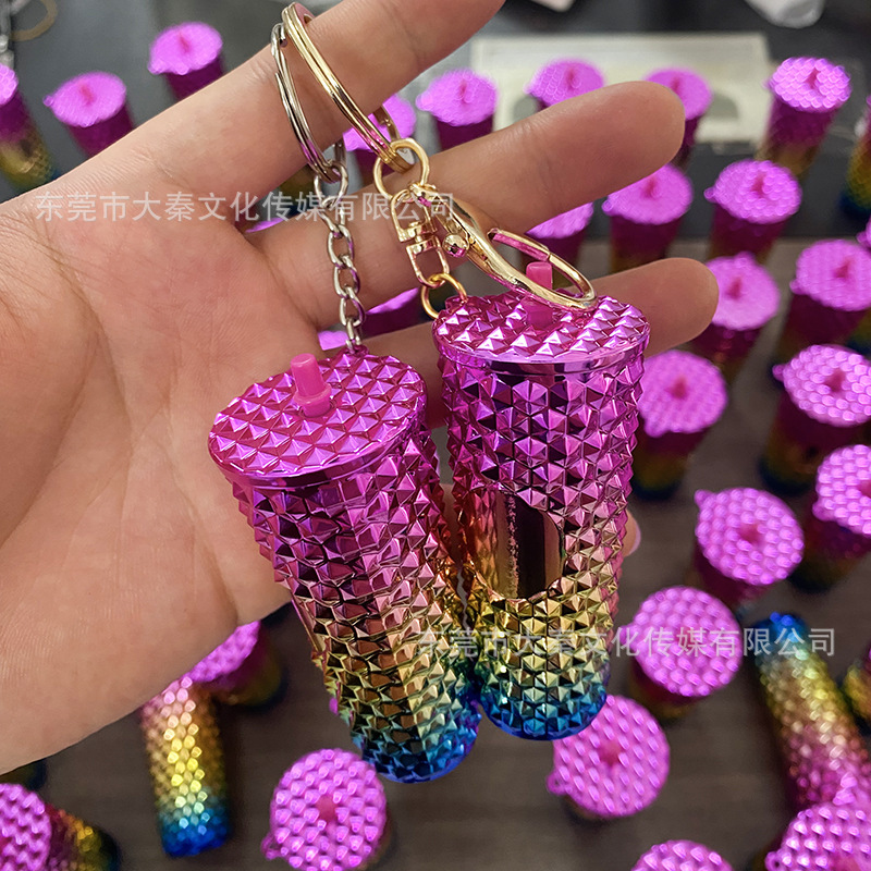 Trendy Cross-Border Ins Hot Style Electroplated Gradient Durian Cup Starbucks Same Style Pendant Mini Realistic Keychain