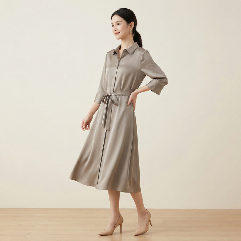 2026 New Heavyweight Silk Dress for Women, Spring Mulberry Silk Workwear Three-Quarter Sleeve Shirt Dress, Mid-Length Style