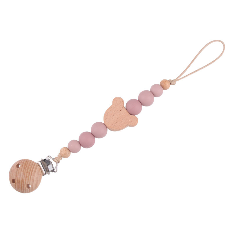 Productos para bebés Clip de chupete de madera de haya Dibujos animados de bebé creativo Oso de madera de haya Muerde los dientes Cadena de chupete anti-caída