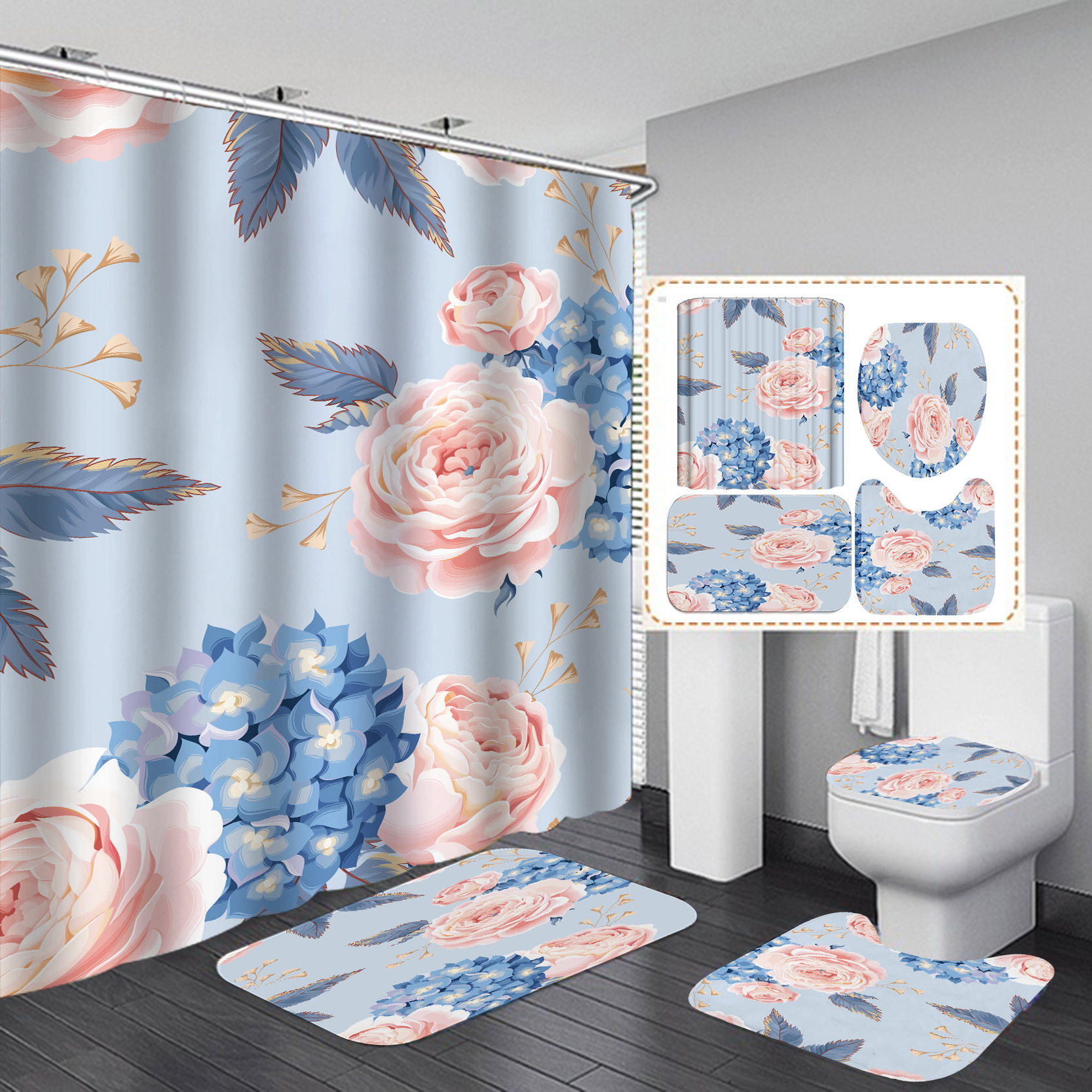 Amazon Venta caliente Impresión digital poliéster [Serie de flores traje 3] inicio baño cortina ducha fábrica suministro directo