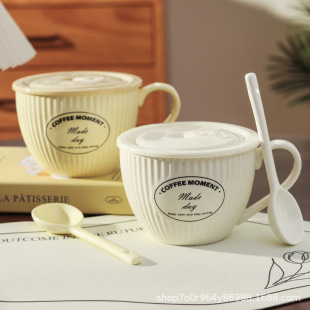 European Style Simple Ceramic Breakfast Cup with Lid and Spoon Household Large Capacity Drinking Cup Milk Oatmeal Cup for Microwave