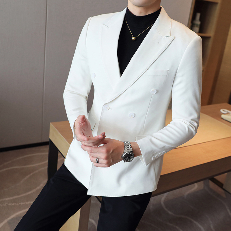 New Men's Business Casual Suit Double-breasted Solid Color Large Size Suit Slim-fit White Single Western Wedding Dress 30