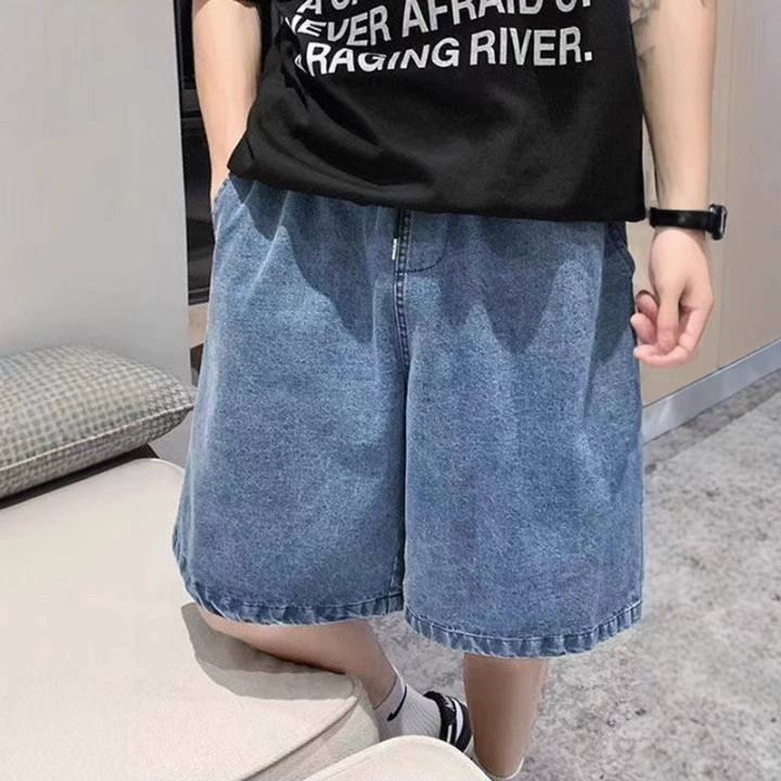 Летние джинсовые шорты с тонкой эластичной резинкой на талии, мужские модные свободные прямые универсальные брюки с пятью точками, шорты средней длины в стиле ретро