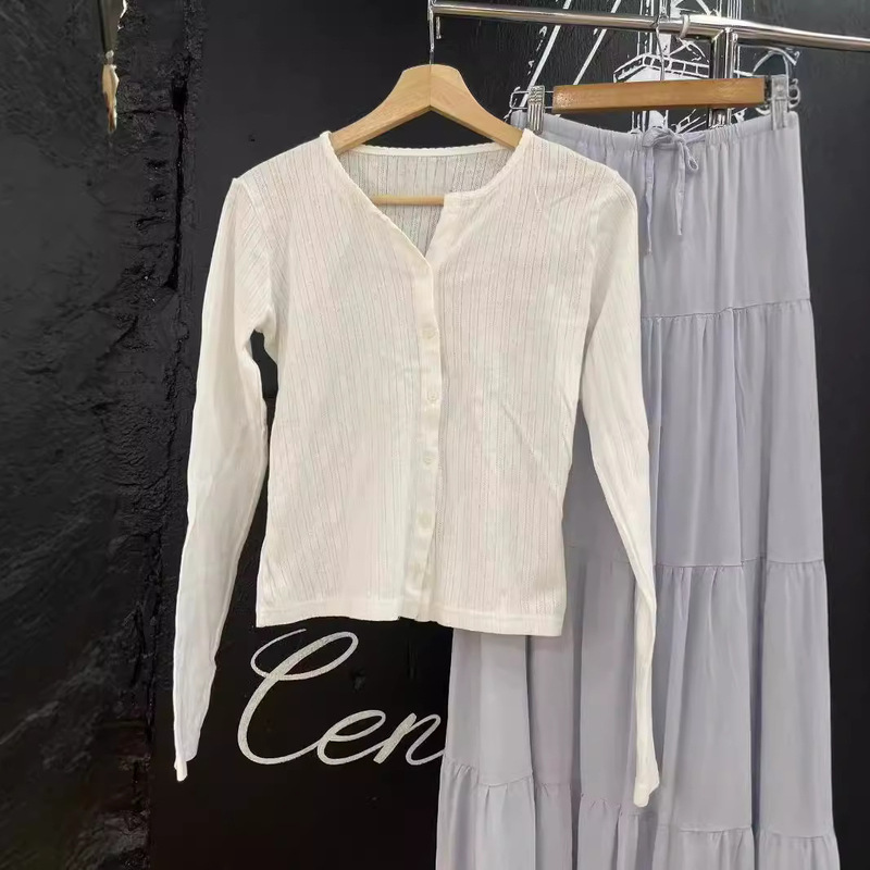 Brandy BM new white eyelet lace collar button rib long sleeve T-shirt bm hollow slim cardigan top