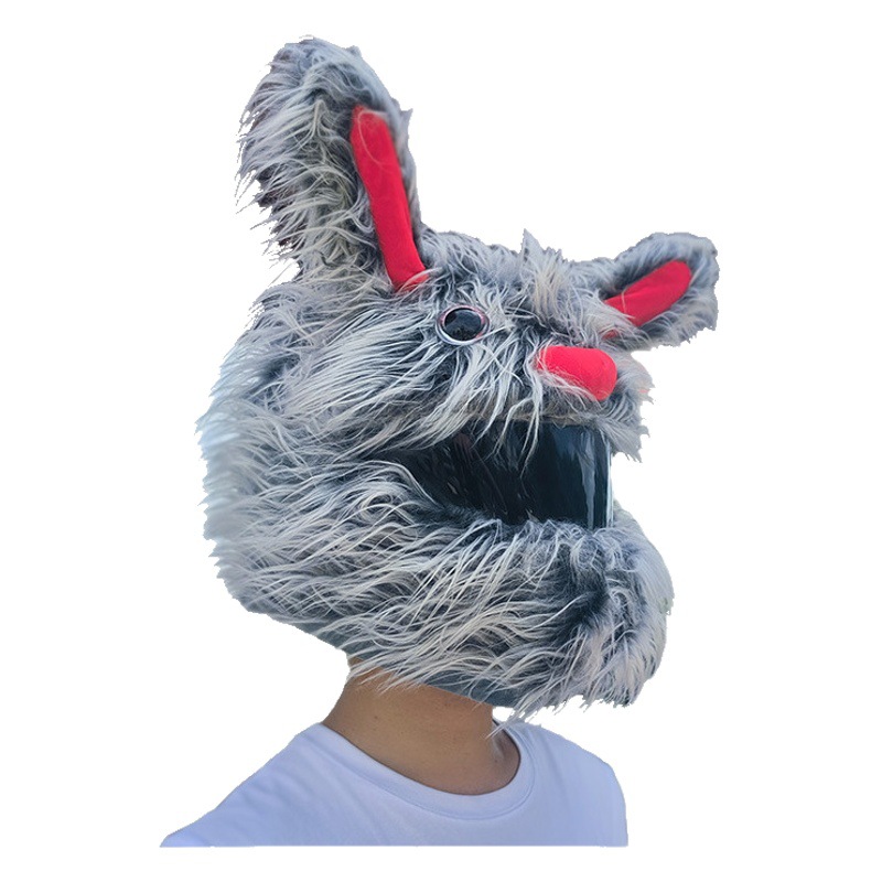 Casco de felpa con personalidad de conejo único, casco de motocicleta, máscara de motocicleta, sombrero de piel larga, estilo callejero decorativo.