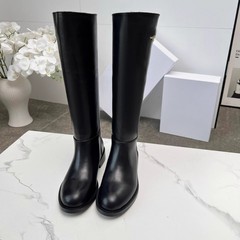 高版长靴女2025冬款真皮圆头百搭显瘦直筒骑士靴长筒一脚蹬马丁靴