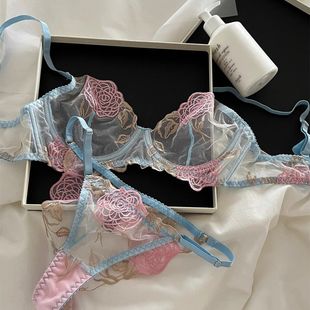 New Embroidered Lace Sexy Transparent Intimates Women's Suit Thin Large Breasts Showing Small Cut Out Breathable Bra