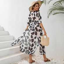 欧美新款宽松休闲沙滩防晒开衫长款比基尼外搭豹纹系带沙滩罩衫裙