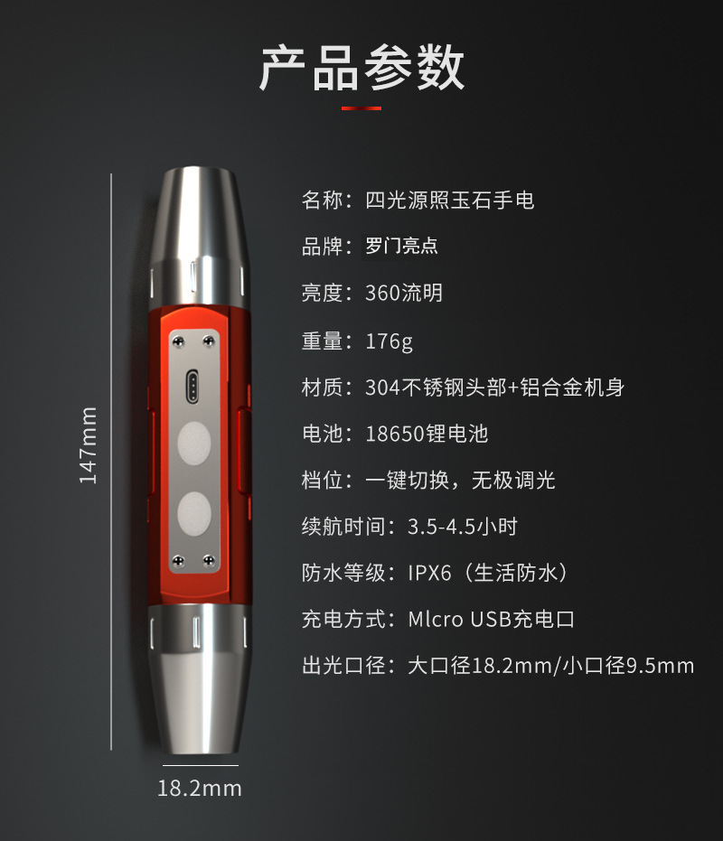 Jade Identification Lamp with Four Light Sources, USB Charging, Stainless Steel Flashlight for Jade and Antique Identification