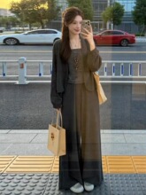 韩系巨好看穿搭一整套2026秋冬新款灰色开衫外套女裤子三件套装