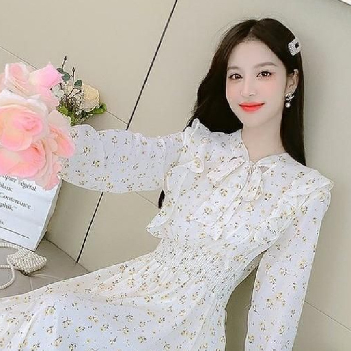 法式碎花连衣裙女春季新款女神范温韩版柔风收腰显瘦约会雪纺长裙|undefined