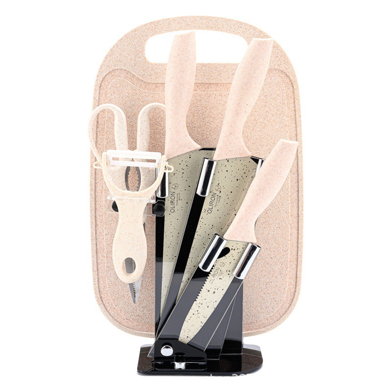 En stock cuchillo de paja de trigo de color Juego de 7 piezas con tabla de cortar cuchillo de fruta cuchillo de cocina caja de regalo cuchillo de regalo conjunto