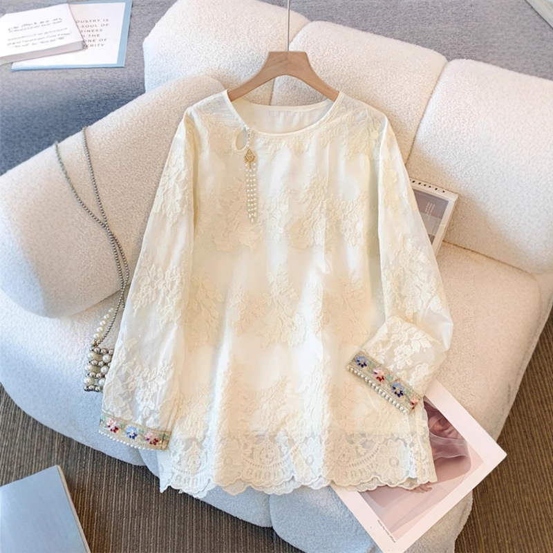 New Chinese Style Long-Sleeved Lace Shirt for Women Spring & Fall New Chinese Style Embroidered Top Mid-Length Belly-Covering Bottoming Shirt New Chinese Style Long-Sleeved Lace Shirt for Women Spring & Fall New Chinese Style Embroidered Top Mid-Length Belly-Covering Bottoming Shirt