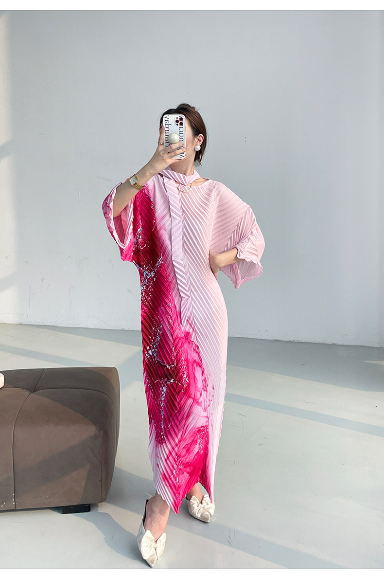 Váy maxi xếp ly in họa tiết cao cấp, chít eo thon gọn, phong cách thanh lịch — Màu xanh lam chi tiết 17