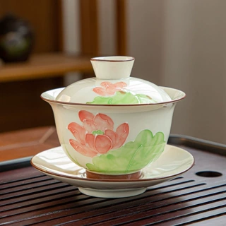 手绘功夫茶具家用防烫大号盖碗陶瓷草木灰茶杯泡茶白瓷三才敬茶碗