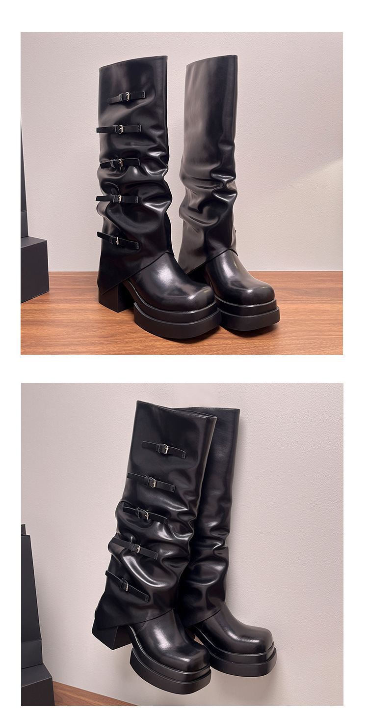 Boot nữ cổ cao gót chunky đế dày phong cách cưỡi ngựa, tăng chiều cao, mùa thu đông — đen, con lạc đà, hồng chi tiết 4