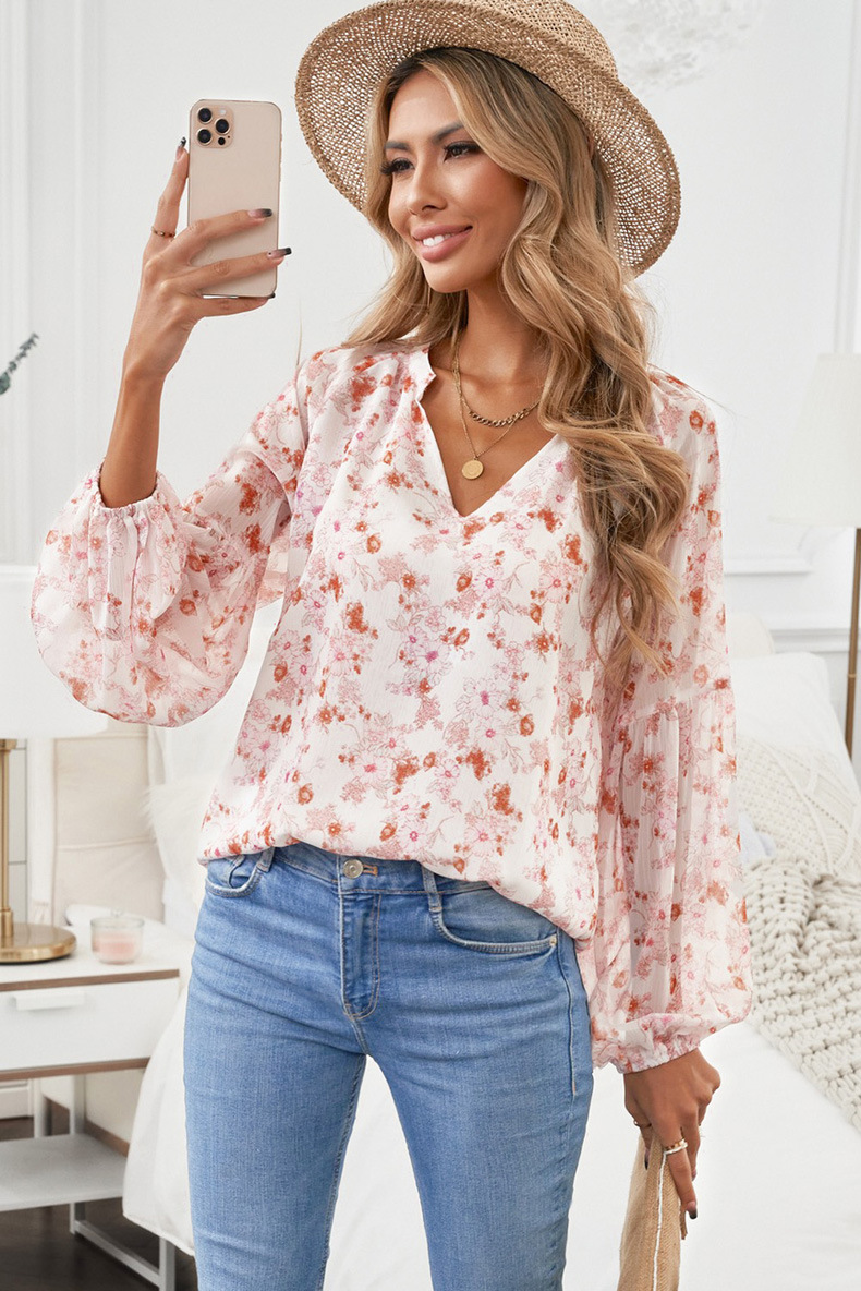 V-neck long-sleeved floral chiffon top nihaostyles wholesale clothing NSQSY86574