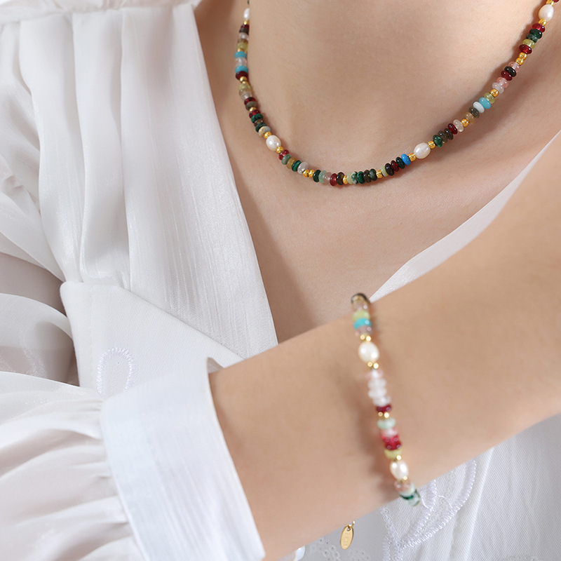 Dopamina colorido natural piedra de agua dulce perla collar pulsera nicho versátil temperamento dulce diseño clavícula cadena