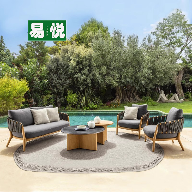 Sofá de teca al aire libre patio exterior impermeable protección solar cuerda muebles tejidos B & B hotel villa terraza sofá de madera maciza
