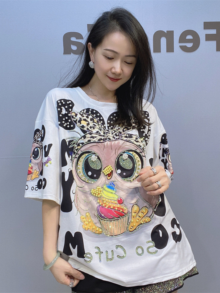 Comercio exterior moda transfronteriza nueva camiseta de manga corta con cuello redondo para mujer verano 2025 nueva camiseta suelta de media manga de diamantes brillantes de la industria pesada