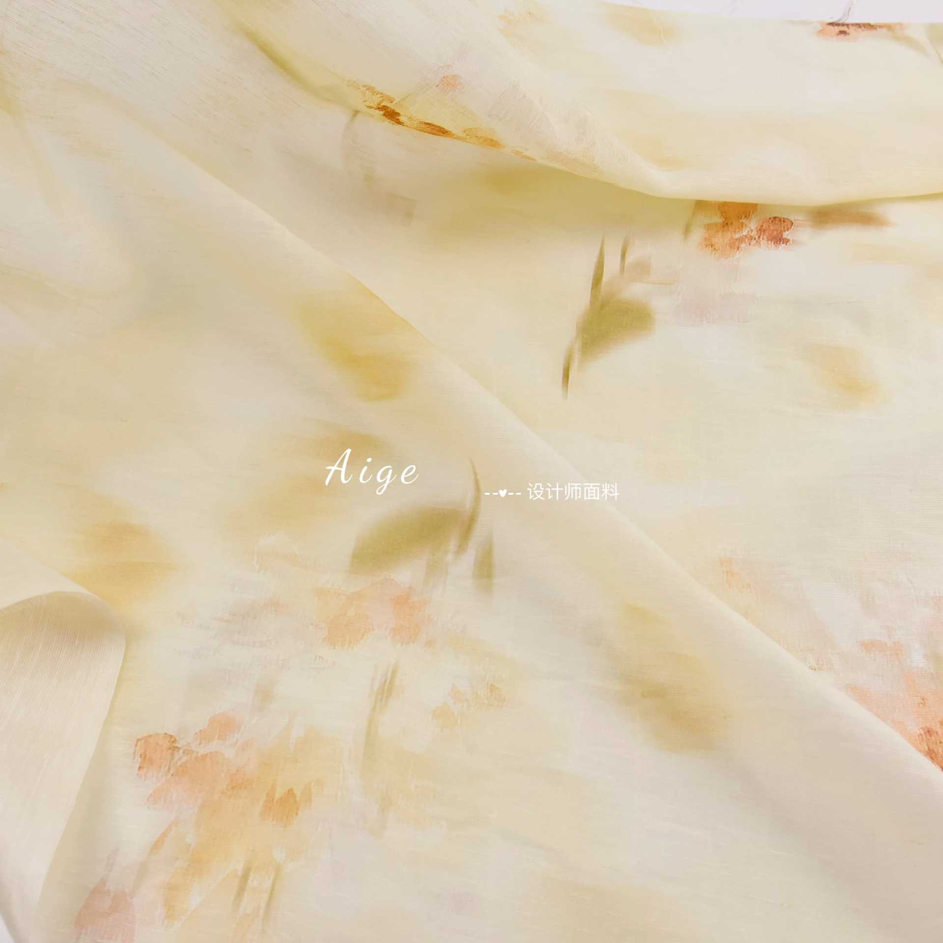 亲肤微透 淡黄色晕染花朵印花天丝苎麻亚麻面料衬衣旗袍汉服布料