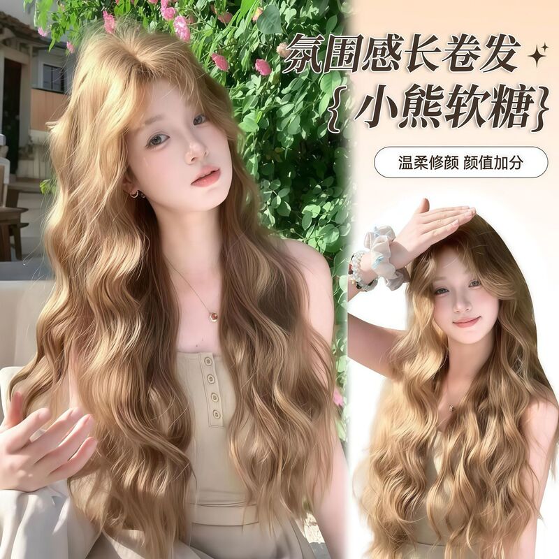Yiduo Wig New Wig Linen Brown Medium Parted Lazy Long Curly Hair Natural Style Lolita Popular Full Headgear