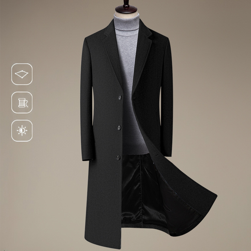 Autumn and Winter New Men's Woolen Outwear Long Knee-Length Cotton Thickeneded Korean Style Slim Woolen Windbreaker Men's Outwear