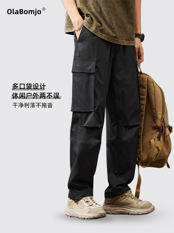 OLA男春秋透气宽松直筒休闲美式潮牌户外运动冲锋阔裤工装长裤|undefined