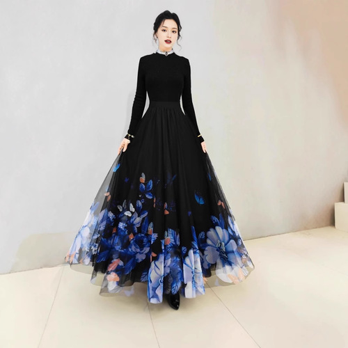 Spring and Summer High-Waist Slimming Double Layer Mesh Swing Flower Print Long Dress Square Dance Little Formal Skirt
