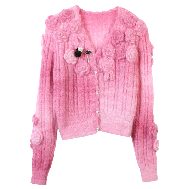 2023冬季新款长袖修身马海毛粉色花朵拼接薄款针织衫外套女装开衫
