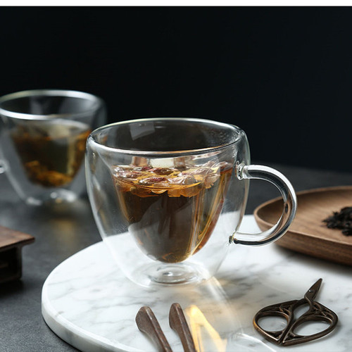 New creative double-layer heart-shaped glass cup with logo printing, handle, suitable for hot water, heart-shaped glass coffee cup