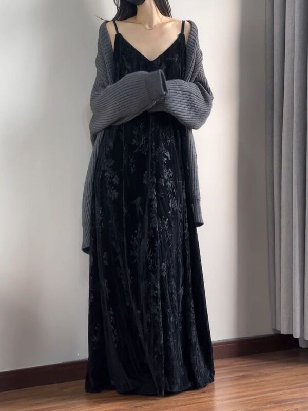 丝绒连衣裙套装女新中式国风复古印花吊带长裙禅意针织开衫两件套|undefined
