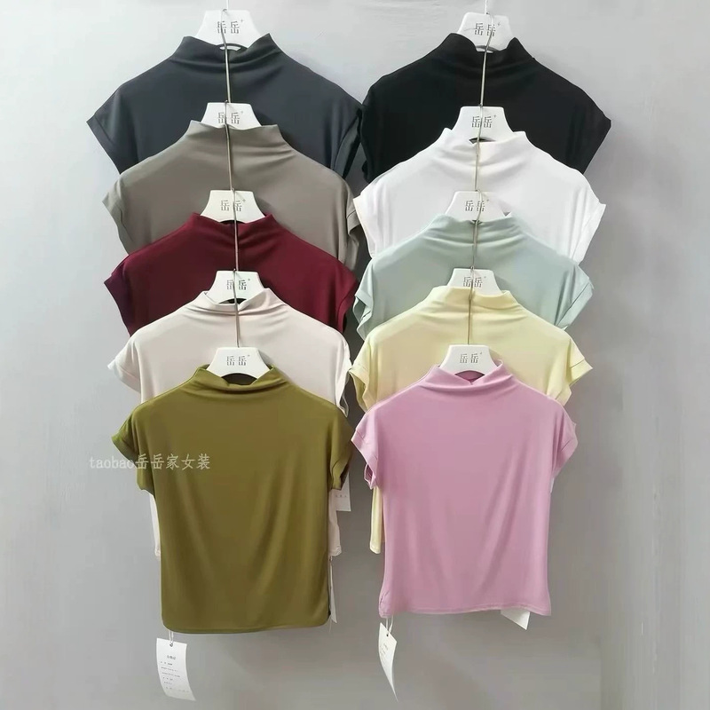 2Te casual gray short-sleeve t-shirt with small flutter sleeves and half-high collar for women, summer high-end style, regular shoulder, waist-cinching, slim-fit top