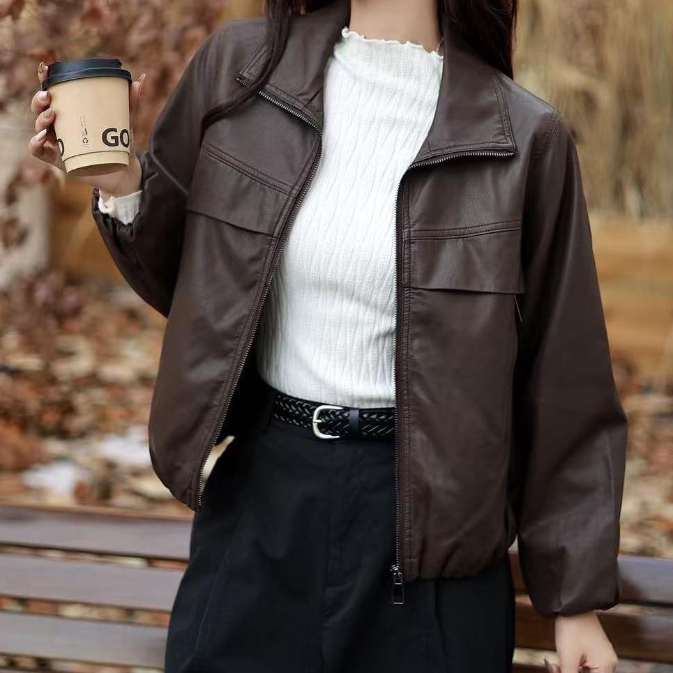 2025 New Autumn Clothing Ready-Made Leather Jacket Women's Short Motorcycle Jacket Casual Loose Slim Zipper Leather Jacket